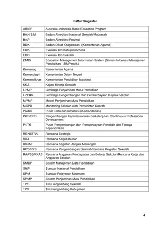4 
Daftar Singkatan 
AIBEP Australia-Indonesia Basic Education Program 
BAN S/M Badan Akreditasi Nasional Sekolah/Madrasah 
BAP Badan Akreditasi Provinsi 
BDK Badan Diklat Keagamaan (Kementerian Agama) 
EDK Evaluasi Diri Kabupaten/Kota 
EDS Evaluasi Diri Sekolah 
EMIS Education Management Information System (Sistem Informasi Manajemen 
Pendidikan - SIMPendik) 
Kemenag Kementerian Agama 
Kemendagri Kementerian Dalam Negeri 
Kemendiknas Kementerian Pendidikan Nasional 
KKS Kajian Kinerja Sekolah 
LPMP Lembaga Penjaminan Mutu Pendidikan 
LPPKS Lembaga Pengembangan dan Pemberdayaan Kepala Sekolah 
MPMP Model Penjaminan Mutu Pendidikan 
MSPD Monitoring Sekolah oleh Pemerintah Daerah 
Padati Pusat Data dan Informasi (Kemendiknas) 
PKB/CPD Pengembangan Keprofesionalan Berkelanjutan /Continuous Professional 
Development 
P4TK Pusat Pengembangan dan Pemberdayaan Pendidik dan Tenaga 
Kependidikan 
RENSTRA Rencana Strategis 
RKT Rencana KerjaTahunan 
RKJM Rencana Kegiatan Jangka Menengah 
RPS/RKS Rencana Pengembangan Sekolah/Rencana Kegiatan Sekolah 
RAPBS/RKAS Rencana Anggaran Pendapatan dan Belanja Sekolah/Rencana Kerja dan 
Anggaran Sekolah 
SMDP Sistem Manajemen Data Pendidikan 
SNP Standar Nasional Pendidikan 
SPM Standar Pelayanan Minimum 
SPMP Sistem Penjaminan Mutu Pendidikan 
TPS Tim Pengembang Sekolah 
TPK Tim Pengembang Kabupaten 
 