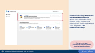 Kementerian Pendidikan, Kebudayaan, Riset, dan Teknologi
Perencanaan Kinerja Anda sudah
diajukan ke kepala sekolah.
Mohon untuk memeriksa laman
Beranda secara berkala untuk
melihat status Perencanaan Kinerja
Anda dengan klik Cek
Perencanaan Kinerja.
Harap menunggu
persetujuan rencana kinerja
Anda dari kepala sekolah
 
