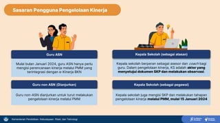 Kementerian Pendidikan, Kebudayaan, Riset, dan Teknologi
Sasaran Pengguna Pengelolaan Kinerja
Guru ASN
Mulai bulan Januari 2024, guru ASN hanya perlu
mengisi perencanaan kinerja melalui PMM yang
terintegrasi dengan e-Kinerja BKN
Kepala sekolah juga mengisi SKP dan melakukan tahapan
pengelolaan kinerja melalui PMM, mulai 15 Januari 2024
Kepala Sekolah (sebagai pegawai)
Guru non ASN (Dianjurkan)
Guru non-ASN dianjurkan untuk turut melakukan
pengelolaan kinerja melalui PMM
Kepala sekolah berperan sebagai asesor dan coach bagi
guru. Dalam pengelolaan kinerja, KS adalah aktor yang
menyetujui dokumen SKP dan melakukan observasi.
Kepala Sekolah (sebagai atasan)
 