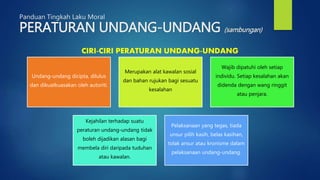 Panduan Tingkah Laku Moral
PERATURAN UNDANG-UNDANG (sambungan)
Undang-undang dicipta, dilulus
dan dikuatkuasakan oleh autoriti.
Merupakan alat kawalan sosial
dan bahan rujukan bagi sesuatu
kesalahan
Wajib dipatuhi oleh setiap
individu. Setiap kesalahan akan
didenda dengan wang ringgit
atau penjara.
Kejahilan terhadap suatu
peraturan undang-undang tidak
boleh dijadikan alasan bagi
membela diri daripada tuduhan
atau kawalan.
Pelaksanaan yang tegas, tiada
unsur pilih kasih, belas kasihan,
tolak ansur atau kronisme dalam
pelaksanaan undang-undang.
CIRI-CIRI PERATURAN UNDANG-UNDANG
 