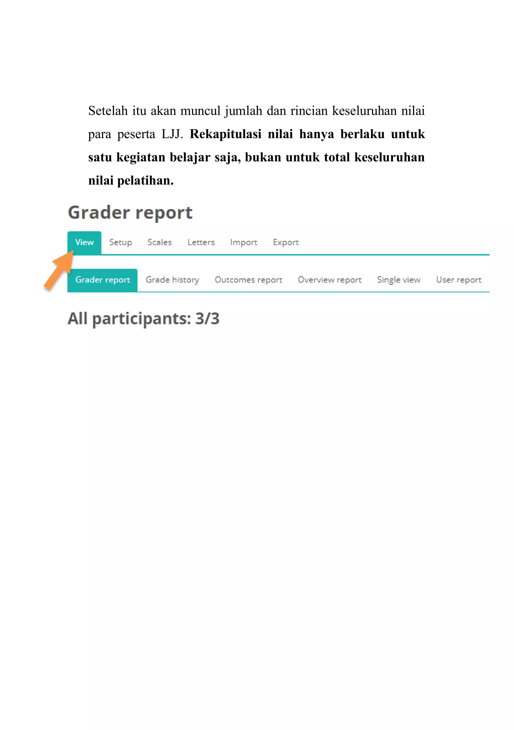 Setelah itu akan muncul jumlah dan rincian keseluruhan nilai
para peserta LJJ. Rekapitulasi nilai hanya berlaku untuk
satu kegiatan belajar saja, bukan untuk total keseluruhan
nilai pelatihan.
 