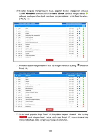 70. Setelah lengkap mengemaskini fasal, paparan berikut dipaparkan dimana
    Tarikh Kemaskini direkodkan dan Senarai Semak bertukar menjadi tanda
    sebagai tanda pemohon telah membuat pengemaskinian untuk fasal tersebut.
    (FASAL 15)




71. Pemohon boleh mengemaskini Fasal 16 dengan menekan butang        (Paparan
    Fasal 16).




72. Skrin untuk paparan bagi Fasal 16 ditunjukkan seperti dibawah. Klik butang
             untuk simpan fasal. Untuk makluman, Fasal 16 cuma memaparkan
    maklumat sahaja, tiada pengemaskinian perlu dilakukan.




                                   179
 