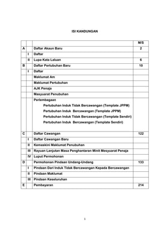 ISI KANDUNGAN


                                                                           M/S
A         Daftar Akaun Baru                                                 2
    I     Daftar
    II    Lupa Kata Laluan                                                  6
B         Daftar Pertubuhan Baru                                           10
    I     Daftar
          Maklumat Am
          Maklumat Pertubuhan
          AJK Penaja
          Masyuarat Penubuhan
          Perlembagaan
                   Pertubuhan Induk Tidak Bercawangan (Template JPPM)
                   Pertubuhan Induk Bercawangan (Template JPPM)
                   Pertubuhan Induk Tidak Bercawangan (Template Sendiri)
                   Pertubuhan Induk Bercawangan (Template Sendiri)


C         Daftar Cawangan                                                  122
    I     Daftar Cawangan Baru
    II    Kemaskini Maklumat Penubuhan
    III   Rayuan Lanjutan Masa Penghantaran Minit Mesyuarat Penaja
    IV Luput Permohonan
D         Permohonan Pindaan Undang-Undang                                 133
    I     Pindaan Dari Induk Tidak Bercawangan Kepada Bercawangan
    II    Pindaan Maklumat
    III   Pindaan Keseluruhan
E         Pembayaran                                                       214




                                           1
 