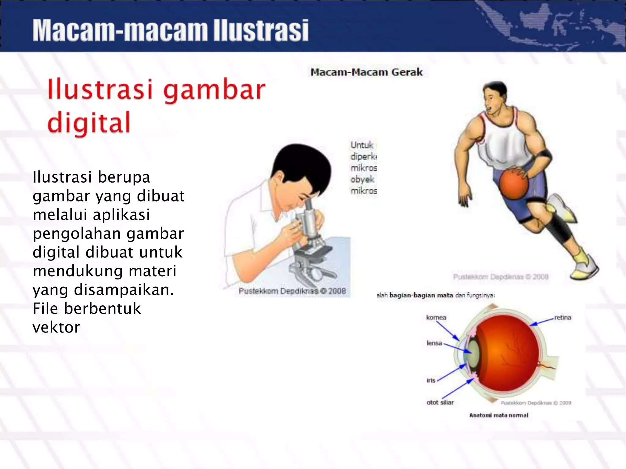 Ilustrasi berupa
gambar yang dibuat
melalui aplikasi
pengolahan gambar
digital dibuat untuk
mendukung materi
yang disampaikan.
File berbentuk
vektor
 