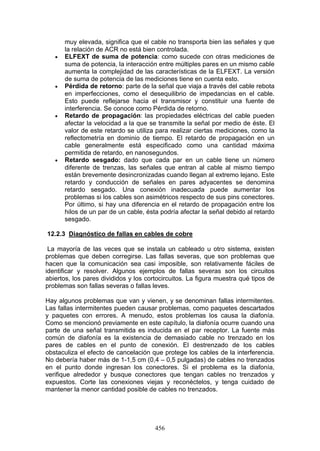 456
muy elevada, significa que el cable no transporta bien las señales y que
la relación de ACR no está bien controlada.
€ ELFEXT de suma de potencia: como sucede con otras mediciones de
suma de potencia, la interacción entre múltiples pares en un mismo cable
aumenta la complejidad de las características de la ELFEXT. La versión
de suma de potencia de las mediciones tiene en cuenta esto.
€ Pérdida de retorno: parte de la señal que viaja a través del cable rebota
en imperfecciones, como el desequilibrio de impedancias en el cable.
Esto puede reflejarse hacia el transmisor y constituir una fuente de
interferencia. Se conoce como Pérdida de retorno.
€ Retardo de propagación: las propiedades eléctricas del cable pueden
afectar la velocidad a la que se transmite la señal por medio de éste. El
valor de este retardo se utiliza para realizar ciertas mediciones, como la
reflectometría en dominio de tiempo. El retardo de propagación en un
cable generalmente está especificado como una cantidad máxima
permitida de retardo, en nanosegundos.
€ Retardo sesgado: dado que cada par en un cable tiene un número
diferente de trenzas, las señales que entran al cable al mismo tiempo
están brevemente desincronizadas cuando llegan al extremo lejano. Este
retardo y conducción de señales en pares adyacentes se denomina
retardo sesgado. Una conexión inadecuada puede aumentar los
problemas si los cables son asimétricos respecto de sus pins conectores.
Por último, si hay una diferencia en el retardo de propagación entre los
hilos de un par de un cable, ésta podría afectar la señal debido al retardo
sesgado.
12.2.3 Diagnóstico de fallas en cables de cobre
La mayoría de las veces que se instala un cableado u otro sistema, existen
problemas que deben corregirse. Las fallas severas, que son problemas que
hacen que la comunicación sea casi imposible, son relativamente fáciles de
identificar y resolver. Algunos ejemplos de fallas severas son los circuitos
abiertos, los pares divididos y los cortocircuitos. La figura muestra qué tipos de
problemas son fallas severas o fallas leves.
Hay algunos problemas que van y vienen, y se denominan fallas intermitentes.
Las fallas intermitentes pueden causar problemas, como paquetes descartados
y paquetes con errores. A menudo, estos problemas los causa la diafonía.
Como se mencionó previamente en este capítulo, la diafonía ocurre cuando una
parte de una señal transmitida es inducida en el par receptor. La fuente más
común de diafonía es la existencia de demasiado cable no trenzado en los
pares de cables en el punto de conexión. El destrenzado de los cables
obstaculiza el efecto de cancelación que protege los cables de la interferencia.
No debería haber más de 1-1,5 cm (0,4 – 0,5 pulgadas) de cables no trenzados
en el punto donde ingresan los conectores. Si el problema es la diafonía,
verifique alrededor y busque conectores que tengan cables no trenzados y
expuestos. Corte las conexiones viejas y reconéctelos, y tenga cuidado de
mantener la menor cantidad posible de cables no trenzados.
 