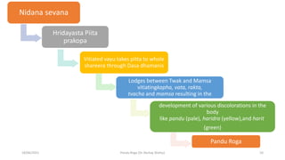 Nidana sevana
Hridayasta Piita
prakopa
Vitiated vayu takes pitta to whole
shareera through Dasa dhamanis
Lodges between Twak and Mamsa
vitiatingkapha, vata, rakta,
tvacha and mamsa resulting in the
development of various discolorations in the
body
like pandu (pale), haridra (yellow),and harit
(green)
Pandu Roga
18/06/2021 Pandu Roga (Dr Akshay Shetty) 10
 
