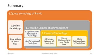 Summary
1.Quote etymology of Pandu
1.Define
Pandu Roga
State Nidana
of Pandu
Roga
1.Describe Samprapti of Pandu Roga
1.Explain Vishesha
Samprapti of
Pandu Roga
1.List Purvaroopa of
Pandu Roga
1.Classify Pandu Roga
8.Enumrate
Lakshana of
Pandu Roga
Discuss
Mrutabakshanaj
anya Pandu
Roga
8.State
Sadhyasadhyata
of Pandu Roga
18/06/2021 Pandu Roga (Dr Akshay Shetty) 20
 