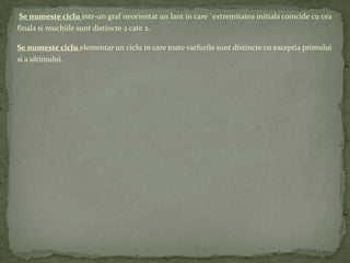 Se numeste ciclu intr-un graf neorientat un lant in care `extremitatea initiala coincide cu cea
finala si muchiile sunt distincte 2 cate 2.

Se numeste ciclu elementar un ciclu in care toate varfurile sunt distincte cu exceptia primului
si a ultimului.
 