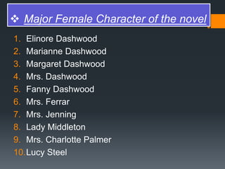  Major Female Character of the novel
1. Elinore Dashwood
2. Marianne Dashwood
3. Margaret Dashwood
4. Mrs. Dashwood
5. Fanny Dashwood
6. Mrs. Ferrar
7. Mrs. Jenning
8. Lady Middleton
9. Mrs. Charlotte Palmer
10.Lucy Steel
 