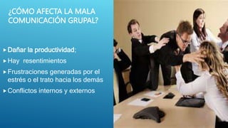 ¿CÓMO AFECTA LA MALA
COMUNICACIÓN GRUPAL?
Dañar la productividad;
Hay resentimientos
Frustraciones generadas por el
estrés o el trato hacia los demás
Conflictos internos y externos
 