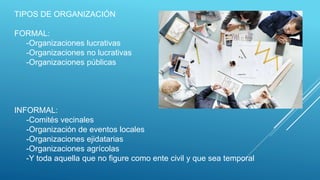 TIPOS DE ORGANIZACIÓN
FORMAL:
-Organizaciones lucrativas
-Organizaciones no lucrativas
-Organizaciones públicas
INFORMAL:
-Comités vecinales
-Organización de eventos locales
-Organizaciones ejidatarias
-Organizaciones agrícolas
-Y toda aquella que no figure como ente civil y que sea temporal
 