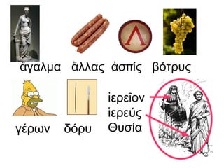 ἄγαλμα  ἄλλας  ἀσπίς  βότρυς γέρων  δόρυ  ἰερεῖον ἱερεύς Θυσία 