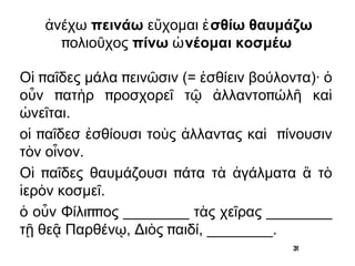 ἀνέχω  πεινάω  εὔχομαι ἐσθίω θαυμάζω πολιοῦχος πίνω  ὠνέομαι  κοσμέω Οἱ παῖδες μάλα πεινῶσιν (= ἐσθίειν βούλοντα)· ὁ οὖν πατὴρ προσχορεῖ τῷ ἀλλαντοπώλῆ καὶ ὠνεῖται. οἱ παῖδεσ ________ τοὺς ἀλλαντας καὶ ________ τὸν οἶνον. 