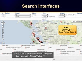Search Interfaces
“Which companies were created during the
last century in Silicon Valley ?”
YAGO2:
WWW 2011
Best Demo Awa...