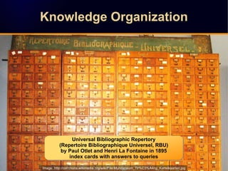 Knowledge OrganizationKnowledge Organization
Image: http://commons.wikimedia.org/wiki/File:Mundaneum_Tir%C3%A4ng_Karteikaa...