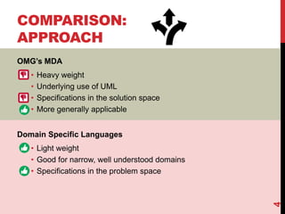 COMPARISON:
APPROACH
4
OMG’s MDA
• Heavy weight
• Underlying use of UML
• Specifications in the solution space
• More generally applicable
Domain Specific Languages
• Light weight
• Good for narrow, well understood domains
• Specifications in the problem space
 
