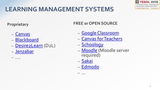 LEARNING MANAGEMENT SYSTEMS
Proprietary
– Canvas
– Blackboard
– Desire2Learn (D2L)
– Jenzabar
– ….
FREE or OPEN SOURCE
– Google Classroom
– Canvas forTeachers
– Schoology
– Moodle (Moodle server
required)
– Sakai
– Edmodo
– …
4
 