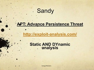 Sandy
APT: Advance Persistence Threat
http://exploit-analysis.com/
Static AND DYnamic
analysis

Garage4Hackers

 