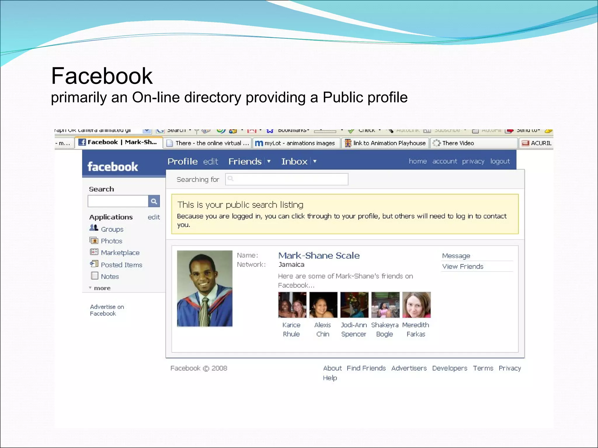 Facebook   primarily an On-line directory providing a Public profile 