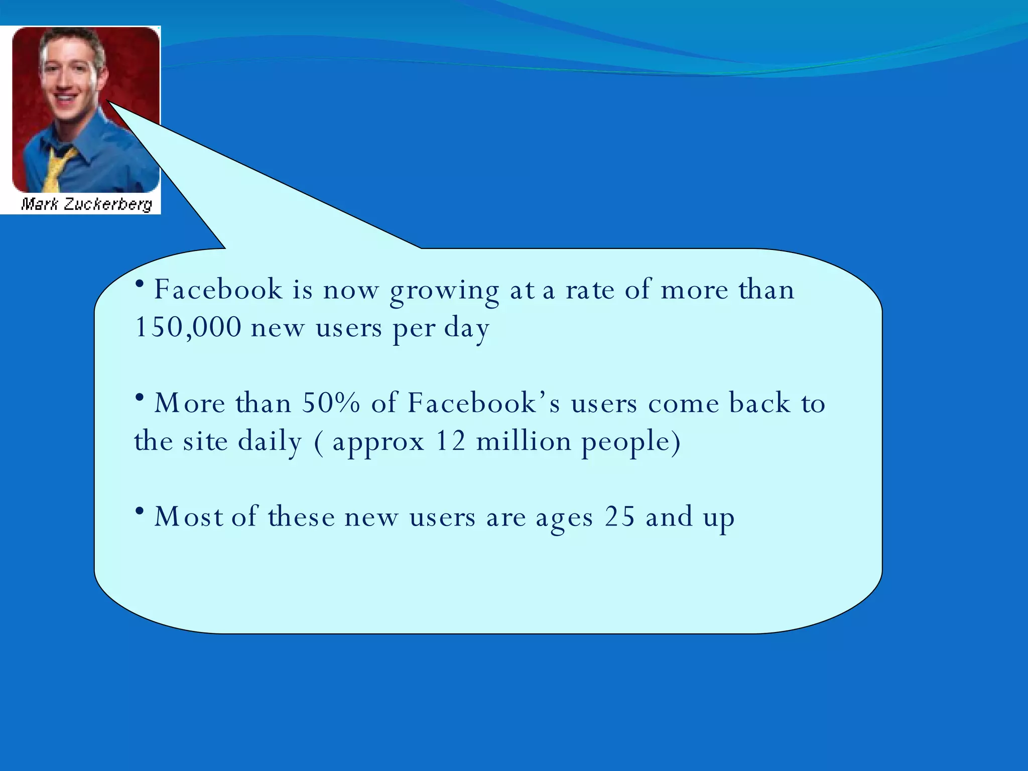 Facebook is now growing at a rate of more than 150,000 new users per day More than 50% of Facebook’s users come back to the site daily ( approx 12 million people) Most of these new users are ages 25 and up 