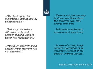 Helsinki Chemicals Forum 2019
…”The best option for
regulation is determined by
policy decision.”
…”Industry can make a
difference: informed
decision making leads to
better risk management.”
…”Maximum understanding
doesn’t imply optimum risk
management.”
…There is not just one way
to Rome and ideas about
the preferred way may
change with time
…Information on hazard,
exposure and uses is key
…In case of a (very) high
concern, precaution is an
important element of the
decision making process
 