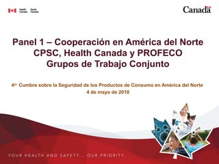Panel 1 – Cooperación en América del Norte
CPSC, Health Canada y PROFECO
Grupos de Trabajo Conjunto
4ta
Cumbre sobre la Seguridad de los Productos de Consumo en América del Norte
4 de mayo de 2018
 