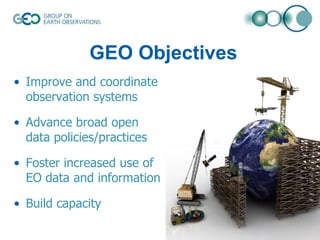 GEO Objectives
• Improve and coordinate
observation systems
• Advance broad open
data policies/practices
• Foster increased use of
EO data and information

• Build capacity

 
