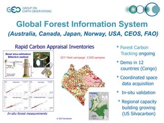 Global Forest Information System
(Australia, Canada, Japan, Norway, USA, CEOS, FAO)
* Forest Carbon
Tracking ongoing
* Demo in 12
countries (Congo)
Mexico

Columbia

* Coordinated space
data acquisition
* In-situ validation
* Regional capacity
building growing
(US Silvacarbon)

In-situ forest measurements
© GEO Secretariat

 
