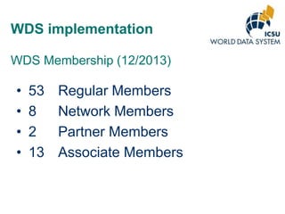 WDS implementation
WDS Membership (12/2013)

•
•
•
•

53
8
2
13

Regular Members
Network Members
Partner Members
Associate Members

 