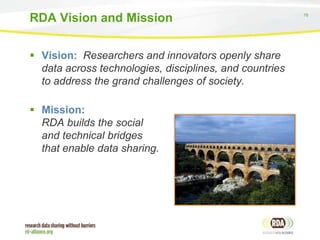 RDA Vision and Mission
 Vision: Researchers and innovators openly share
data across technologies, disciplines, and countries
to address the grand challenges of society.

 Mission:
RDA builds the social
and technical bridges
that enable data sharing.

78

 