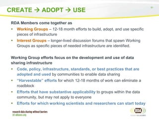 CREATE  ADOPT  USE
RDA Members come together as


Working Groups – 12-18 month efforts to build, adopt, and use specific
pieces of infrastructure



Interest Groups – longer-lived discussion forums that spawn Working
Groups as specific pieces of needed infrastructure are identified.

Working Group efforts focus on the development and use of data
sharing infrastructure


Code, policy, infrastructure, standards, or best practices that are
adopted and used by communities to enable data sharing



“Harvestable” efforts for which 12-18 months of work can eliminate a
roadblock



Efforts that have substantive applicability to groups within the data
community, but may not apply to everyone



Efforts for which working scientists and researchers can start today

81

 