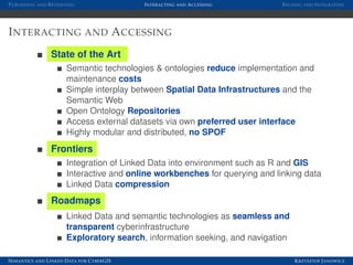 P UBLISHING AND R ETRIEVING                   I NTERACTING AND A CCESSING     R EUSING AND I NTEGRATING




I NTERACTING AND A CCESSING
                 State of the Art
                        Semantic technologies & ontologies reduce implementation and
                        maintenance costs
                        Simple interplay between Spatial Data Infrastructures and the
                        Semantic Web
                        Open Ontology Repositories
                        Access external datasets via own preferred user interface
                        Highly modular and distributed, no SPOF
                 Frontiers
                        Integration of Linked Data into environment such as R and GIS
                        Interactive and online workbenches for querying and linking data
                        Linked Data compression
                 Roadmaps
                        Linked Data and semantic technologies as seamless and
                        transparent cyberinfrastructure
                        Exploratory search, information seeking, and navigation

S EMANTICS AND L INKED D ATA FOR C YBER GIS                                       K RZYSZTOF J ANOWICZ
 