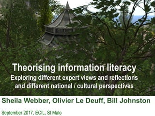 Sheila Webber, Olivier Le Deuff, Bill Johnston
September 2017, ECIL, St Malo
Theorising information literacy
Exploring different expert views and reflections
and different national / cultural perspectives
 