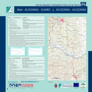 Red de Itinerarios Cicloturísticos Sierra de las Nieves

                                                         Rutas: ALOZAINA - GUARO y ALOZAINA - ALOZAINA

     Ruta: ALOZAINA - GUARO
     Trazado: Lineal                                                                  Mapas recomendados
                                                                                       Mapa Topográfico Nacional de España 1:25.000. Hojas. 1051-4, 1052-3
     Longitud Total: 9,5 km
                                                                                       y 1066-1
     Tiempo Estimado: 2 horas
                                                                                      Observaciones:
     Dificultad: Media-Alta                                                            Etapa en la que la mayoría del recorrido discurre junto a fincas privadas
     Desnivel: 255 metros                                                              siendo muy importante respetar la propiedad.
        Cota superior: 402 msnm.                                                      Puntos de Inicio y Fin:
        Cota inferior: 147 msnm.                                                       Alozaina: Inicio del Camino Alto de Guaro, junto a Cementerio, en C/
     Ecosistemas y paisajes destacables:                                               Camino del Mercado.
       Valle de Río Grande. Vegetación de                                              Guaro: Rotonda de entrada principal al casco urbano de Guaro, en
       ribera. Olivares. Huertas. Almendrales.                                         carretera A-7100.

     Introducción:
        Con esta ruta, que discurre por el antiguo camino entre Alozaina y Guaro, atravesamos íntegramente una cuenca media de un típico
        río mediterráneo: Río Grande.
        Zonas de diferentes cultivos, frutales de secano como los olivos y almendros, cultivos cerealistas, y de regadío en los márgenes del
        río, permiten disfrutar y apreciar los diferentes aprovechamientos agrícolas.
     Descripción del recorrido:
        El recorrido se inicia junto al cementerio de Alozaina, desde donde partimos por el Camino Alto de Guaro. El primer tramo se hace muy
        cómodo ya que el antiguo camino se encuentra asfaltado y en muy buen estado, y además domina el descenso, sólo interrumpido por
        una pronunciada pero corta subida al Puerto del Viento.
        Un poco más adelante, y siempre entre olivares nos adentramos en la zona de Ardite, justo donde se acaba el asfalto y el camino se
        vuelve de tierra. Algo más adelante encontramos el cruce de Triguero-Ardite, tomando aquí el ramal que nos conduce al fondo del
        valle de Río Grande, en una fuerte y emocionante bajada.
        Una vez que hemos atravesado el puente sobre el Río Grande, salimos a la A-366, donde girando hacia la izquierda (dirección a Coín)
        debemos recorrer unos 500 metros, hasta atravesar el puente sobre el Arroyo Santo, justo tras el cual, y a la derecha encontramos el
        llamado camino de Alozaina, para subir en dirección hacia Guaro.
        Esta subida es todo un reto para los buenos aficionados a la bicicleta de montaña, ya que hay que añadir al desnivel existente, más de
        250 metros en apenas 2 kilómetros, el estado del piso, un camino de tierra con algunas piedras sueltas, que hacen que haya que dar
        la cadencia adecuada a cada pedalada si no queremos tener que echar pie a tierra durante este tramo.
        El ascenso culmina en la Ermita de la Cruz del Puerto, desde donde tenemos una ligera bajada hasta llegar al Área deportiva de El
        Puerto, y luego a escasos metros del núcleo principal de Guaro.


                                      Ruta Cicloturística: ALOZAINA -GUARO
                                                                                                                                           Ruta Cicloturística:   ALOZAINA - ALOZAINA
                                                                                                                       Altitud (m)
            Altitud (m)
                                                                                                                      450
            450
                                                                                                                      400
            400
                                                                                                                      350
            350
                                                                                                                      300
            300

            250                                                                                                       250


            200                                                                                                       200

            150                                                                                                       150

            100                                                                                                       100

             50                                                                                                        50

              0                                                                                                          0
                  0       1       2       3        4      5        6    7       8        9         10                        0         1           2          3        4      5          6              7
                                                                                    Distancia (Km.)                                                                                     Distancia (Km.)




     Ruta: ALOZAINA - ALOZAINA
    Trazado: Circular                                                               Mapas recomendados
                                                                                     Mapa Topográfico Nacional de España 1:25.000. Hojas. 1051-4 Yunquera
    Longitud Total: 6 km
                                                                                     y 1052-3 Villafranco del Guadalhorce.
    Tiempo Estimado: 45 minutos
                                                                                    Observaciones:
    Dificultad: Baja                                                                 Etapa en la que la mayoría del recorrido discurre junto a fincas privadas
    Desnivel: 152 metros                                                             siendo muy importante respetar la propiedad.
       Cota superior: 402 msnm.                                                     Puntos de Inicio y Fin:
       Cota inferior: 250 msnm.                                                      Alozaina: Inicio del Camino Alto de Guaro, junto a Cementerio, en C/
    Ecosistemas y paisajes destacables:                                              Camino del Mercado.
      Campos de cultivo. Olivares.                                                   Alozaina: Inicio del Camino de Coín, final de C/ Coín. Fuente Grande.

    Introducción:
       Esta ruta permite apreciar la zona sur del municipio de Alozaina, ver las peculiaridades de su terreno alomado y acercanos a su principal
       cultivo, los olivares de donde nace su afamada aceituna de mesa y su gran aceite.
       La mitad de este recorrido es coincidente con los tres primeros kilómetros de la ruta Alozaina-Guaro.
    Descripción del recorrido:.
       Salimos desde los alrededores del cementerio de Alozaina por el camino Alto de Guaro, por una continua bajada, que se hace muy cómoda al
       ser en un terreno asfaltado.
       Pasamos el camino de Portugalete, desde donde también podemos llegar a la parte baja del municipio. A continuación pasamos el cruce donde
       se encuentran el camino de los Valles y el de Ardite para llegar en ligero ascenso hasta el Puerto del Viento. Tras coronar el puerto y descender
       durante unos 750 metros abandonamos el camino asfaltado en un desvío a la izquierda para tomar el camino Bajo de Guaro que, en continua
       bajada, llega hasta el conocido como Arroyo de María Sandía y el camino de la Dehesa (que circula paralelo a él), pero nosotros seguimos por
       el Bajo de Guaro, desde donde se comienza de nuevo una ligera subida.
       Una vez que llegamos a el cruce con el antiguo camino de Coín, también asfaltado, y dejando al lado derecho el Camino de la Jara y el de                                                                                           1 Km
       Bellido, todo ello incrustado en pleno olivar de la Sierra de las Nieves, falta un solo kilómetro hasta llegar a Alozaina.



    Para más información:                                                   www.sierradelasnieves.es                                                                                                        Con la financiación:
      Recomendaciones / Recommendations


    No abandone el camino                     Respete los bienes                                  No moleste a la flora y la fauna
    Don´t leave the pathways              Respect private property                                  Don´t damage the flora and fauna                                                                                                                       UNIÓN EUROPEA
                          Evite hacer ruido                    Basura sólo en contenedores                                           No encienda fuego                                                                             Ilmo. Ayuntamiento de
                          Try not to make noise          Throw rubbish in bins provided for that purpose                               Don´t make fire                                                                               ALOZAINA                Fondos FEDER

T
R
G
 