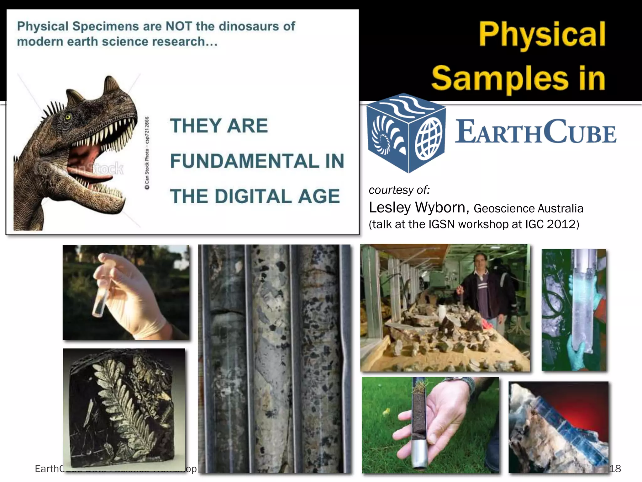 courtesy of:

Lesley Wyborn, Geoscience Australia
(talk at the IGSN workshop at IGC 2012)

EarthCube Data Facilities Workshop

18

 