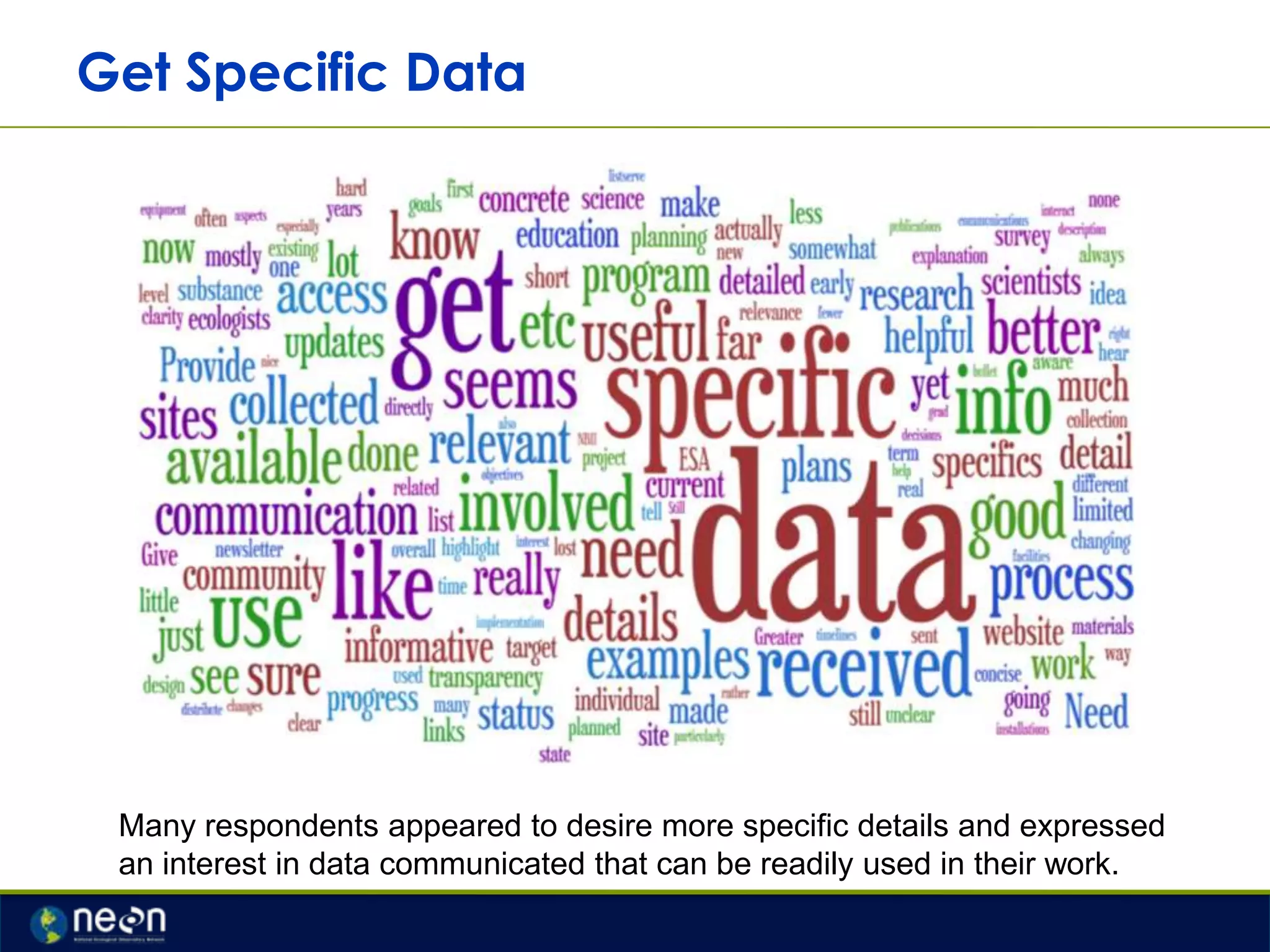 Get Specific Data

Many respondents appeared to desire more specific details and expressed
an interest in data communicated that can be readily used in their work.

 