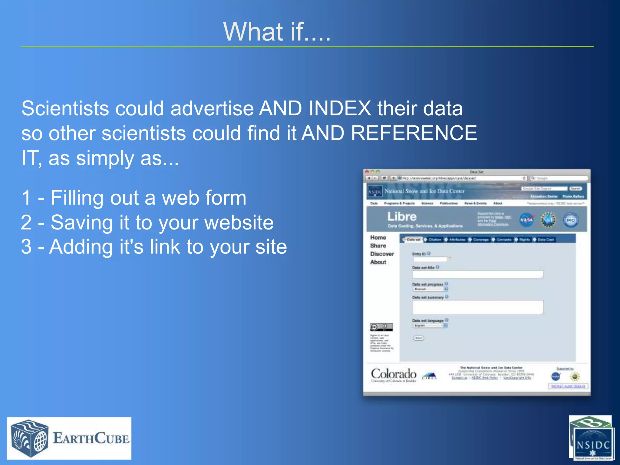 What if....
Scientists could advertise AND INDEX their data
so other scientists could find it AND REFERENCE
IT, as simply as...
1 - Filling out a web form
2 - Saving it to your website
3 - Adding it's link to your site

 