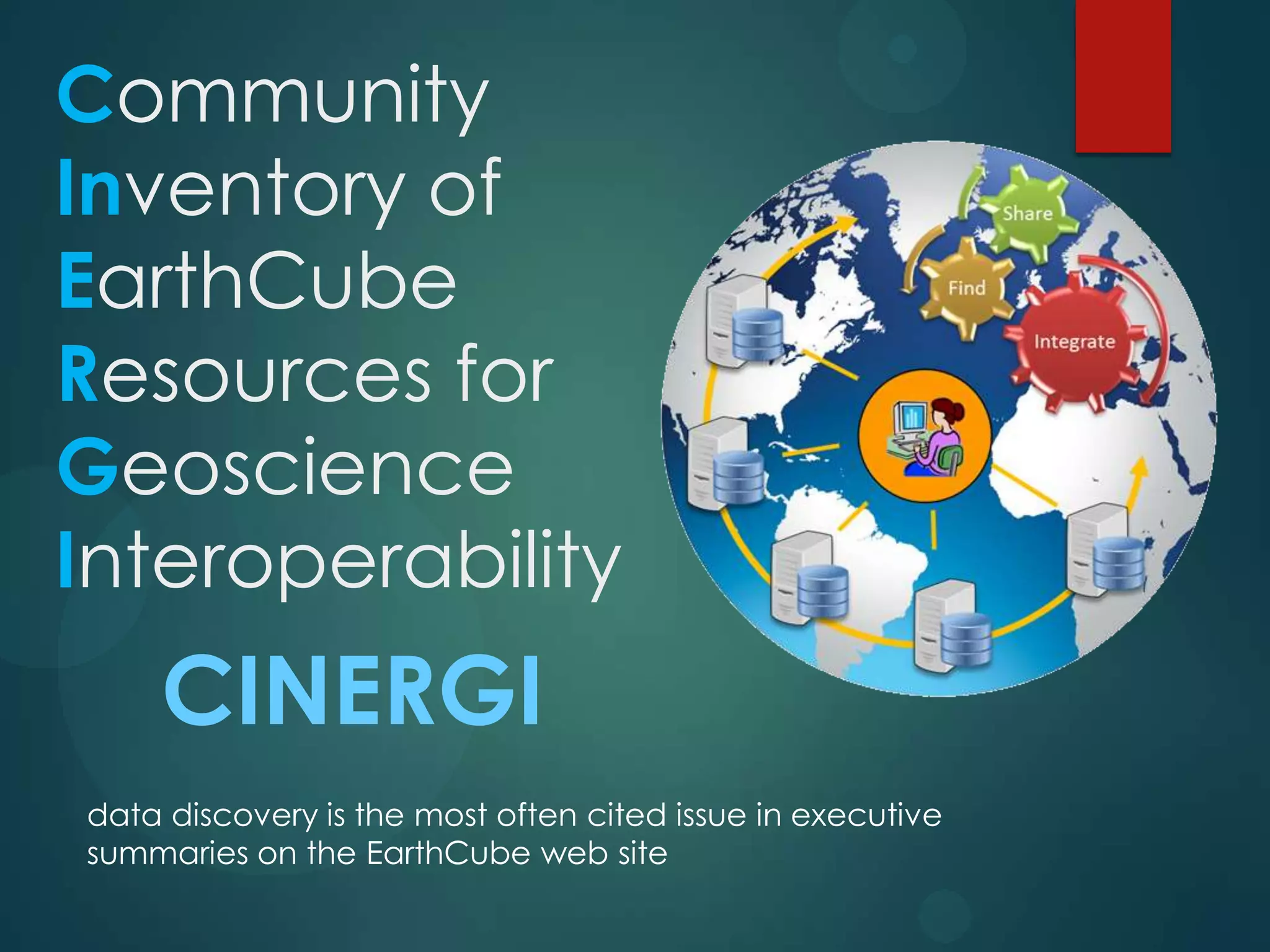 Community
Inventory of
EarthCube
Resources for
Geoscience
Interoperability

CINERGI
data discovery is the most often cited issue in executive
summaries on the EarthCube web site

 