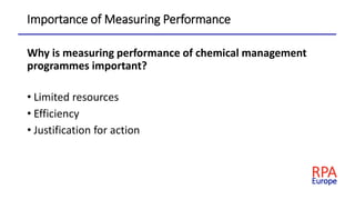Importance of Measuring Performance
Why is measuring performance of chemical management
programmes important?
• Limited resources
• Efficiency
• Justification for action
 