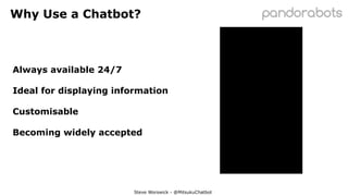 Always available 24/7
Ideal for displaying information
Customisable
Becoming widely accepted
Why Use a Chatbot?
Steve Worswick - @MitsukuChatbot
 