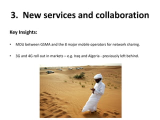 3. New services and collaboration
Key Insights:
• MOU between GSMA and the 8 major mobile operators for network sharing.
• 3G and 4G roll out in markets – e.g. Iraq and Algeria - previously left behind.
 