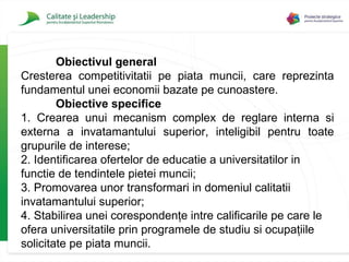 Obiectivul general Cresterea competitivitatii pe piata muncii, care reprezinta fundamentul unei economii bazate pe cunoastere. Obiective specifice 1. Crearea unui mecanism complex de reglare interna si externa a invatamantului superior, inteligibil pentru toate grupurile de interese; 2. Identificarea ofertelor de educatie a universitatilor in functie de tendintele pietei muncii; 3. Promovarea unor transformari in domeniul calitatii invatamantului superior; 4. Stabilirea unei corespondenţe intre calificarile pe care le ofera universitatile prin programele de studiu si ocupaţiile solicitate pe piata muncii. 