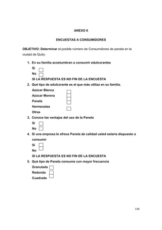   139
ANEXO 6
ENCUESTAS A CONSUMIDORES
OBJETIVO: Determinar el posible número de Consumidores de panela en la
ciudad de Quito.
1. En su familia acostumbran a consumir edulcorantes
Si
No
SI LA RESPUESTA ES NO FIN DE LA ENCUESTA
2. Qué tipo de edulcorante es el que más utiliza en su familia.
Azúcar Blanca
Azúcar Morena
Panela
Hermecetas
Otras
3. Conoce las ventajas del uso de la Panela
Si
No
4. Si una empresa le ofrece Panela de calidad usted estaría dispuesto a
consumir
Si
No
SI LA RESPUESTA ES NO FIN DE LA ENCUESTA
5. Qué tipo de Panela consume con mayor frecuencia
Granulada
Redonda
Cuadrada
 