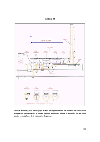   160
ANEXO 20
FIGURA Hornilla y flujo de los jugos a favor de la pendiente en los procesos de clarificación,
evaporación, concentración y punteo (capítulo siguiente). Nótese la sucesión de las pailas
usadas en estas fases de la elaboración de panela.
 