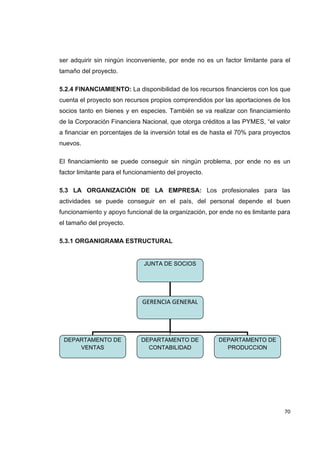   70
ser adquirir sin ningún inconveniente, por ende no es un factor limitante para el
tamaño del proyecto.
5.2.4 FINANCIAMIENTO: La disponibilidad de los recursos financieros con los que
cuenta el proyecto son recursos propios comprendidos por las aportaciones de los
socios tanto en bienes y en especies. También se va realizar con financiamiento
de la Corporación Financiera Nacional, que otorga créditos a las PYMES, “el valor
a financiar en porcentajes de la inversión total es de hasta el 70% para proyectos
nuevos.
El financiamiento se puede conseguir sin ningún problema, por ende no es un
factor limitante para el funcionamiento del proyecto.
5.3 LA ORGANIZACIÓN DE LA EMPRESA: Los profesionales para las
actividades se puede conseguir en el país, del personal depende el buen
funcionamiento y apoyo funcional de la organización, por ende no es limitante para
el tamaño del proyecto.
5.3.1 ORGANIGRAMA ESTRUCTURAL
JUNTA DE SOCIOS
DEPARTAMENTO DE
VENTAS
DEPARTAMENTO DE
PRODUCCION
GERENCIA GENERAL 
DEPARTAMENTO DE
CONTABILIDAD
 