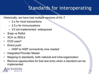 19
Standards for interoperating
Historically, we have had multiple versions of HL-7
– 2.x for most transactions
– 2.5.x for Immunizations
– V3 not implemented widespread
• Soap vs Rstful
• XCA vs XDS.b
• CCD uses?
• Direct push
– HISP to HISP connectivity now needed
• Integrated Provider Master
• Mapping to standards, both national and intra-organization
• Remove opportunities for free text entry when a standard can be
implemented
 