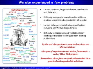Grigori Fursin “Collective Mind: bringing reproducible research to the masses” 7
Technological chaos
GCC 4.1.x
GCC 4.2.x
GCC 4.3.x
GCC 4.4.x
GCC 4.5.x
GCC 4.6.x
GCC 4.7.x
ICC 10.1
ICC 11.0
ICC 11.1
ICC 12.0
ICC 12.1
LLVM 2.6
LLVM 2.7
LLVM 2.8
LLVM 2.9
LLVM 3.0
Phoenix
MVS 2013
XLC
Open64
Jikes
Testarossa
OpenMP MPI
HMPP
OpenCL
CUDA 4.x
gprofprof
perf
oprofile
PAPI
TAU
Scalasca
VTune
Amplifier
predictive
scheduling
algorithm-
level TBB
MKL
ATLAS
program-
level
function-
level
Codelet
loop-level
hardware
counters
IPA
polyhedral
transformations
LTO threads
process
pass
reordering
KNN
per phase
reconfiguration
cache size
frequency
bandwidth
HDD size
TLB ISA
memory size
ARM v6
threads
execution time
reliability
GCC 4.8.x
LLVM 3.4
SVM
genetic
algorithms
We also experienced a few problems
ARM v8
Intel SandyBridge
SSE4
AVX
• Lack of common, large and diverse benchmarks
and data sets
• Difficulty to reproduce results collected from
multiple users (including variability of results)
• Lack of full experimental setup specification
including all SW/HW dependencies
• Difficulty to reproduce and validate already
existing and related techniques from existing
publications
By the end of experiments, new tool versions are
often available;
Life span of experiments and ad-hoc frameworks -
end of MS or PhD project;
Researchers often focus on publications rather than
practical and reproducible solutions
CUDA 5.x
SimpleScalar
algorithm precision
 
