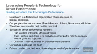 Leveraging People & Technology for
Driver Performance
• Nussbaum is a faith based organization which operates on
Biblical principles.
• Our people drive our success. If we take care of them, Nussbaum will thrive.
The driver scorecard is built on this principal.
• Successful driver performance requires:
– High standard of Integrity, Ethics and Values
– Trust – Without trust, there is no motivation on their part to help the company
meet its goals and objectives.
– Character – Nussbaum hires for character over experience.
• Our culture opens up the door.
• Drivers can be coached to achieve a higher level of performance.
Building a Culture that Encourages Performance
 