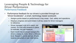 Leveraging People & Technology for
Driver Performance
• Performance feedback for our drivers is provided through our
“Driver Excelerator”, a smart, technology based scorecard.
– Assigns points based on performance in key areas - fuel, safety and operations.
– Displays progress and point totals in all key areas for driver managers
to reference.
– Driver manager’s job is to coach, not
correct. It’s built with systems in place
to motivate, not just measure.
– Each month the scorecard assigns the
driver a status as Gold, Silver or Bronze
level. Based on points earned, drivers
receive a quarterly or per mile bonus.
Performance Feedback
 