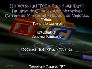Tema:
                   Panel de control

                    Estudiante:
                  Andrea Buenaño


             Docente: Ing Efraín Tibanta



25/06/2012
                Semestre Cuarto “B”
 